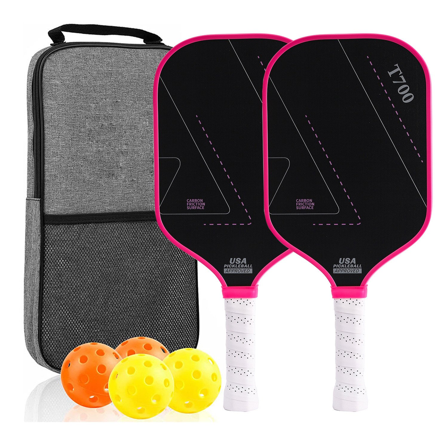Pink Set Carbon Fiber Pickleball Paddle 2 Rackets 4 Ball Bag