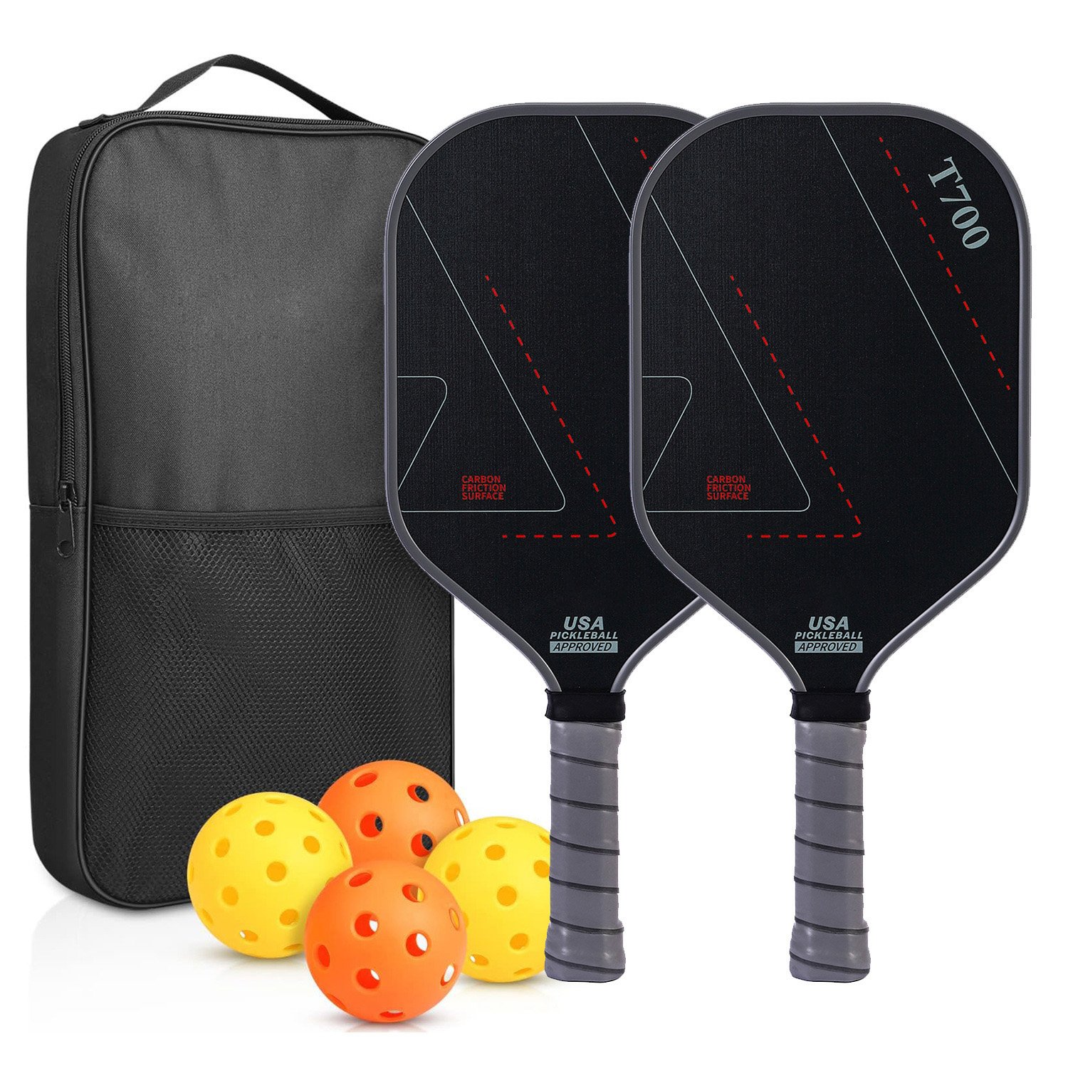 Gray Set Carbon Fiber Pickleball Paddle 2 Rackets 4 Ball Bag